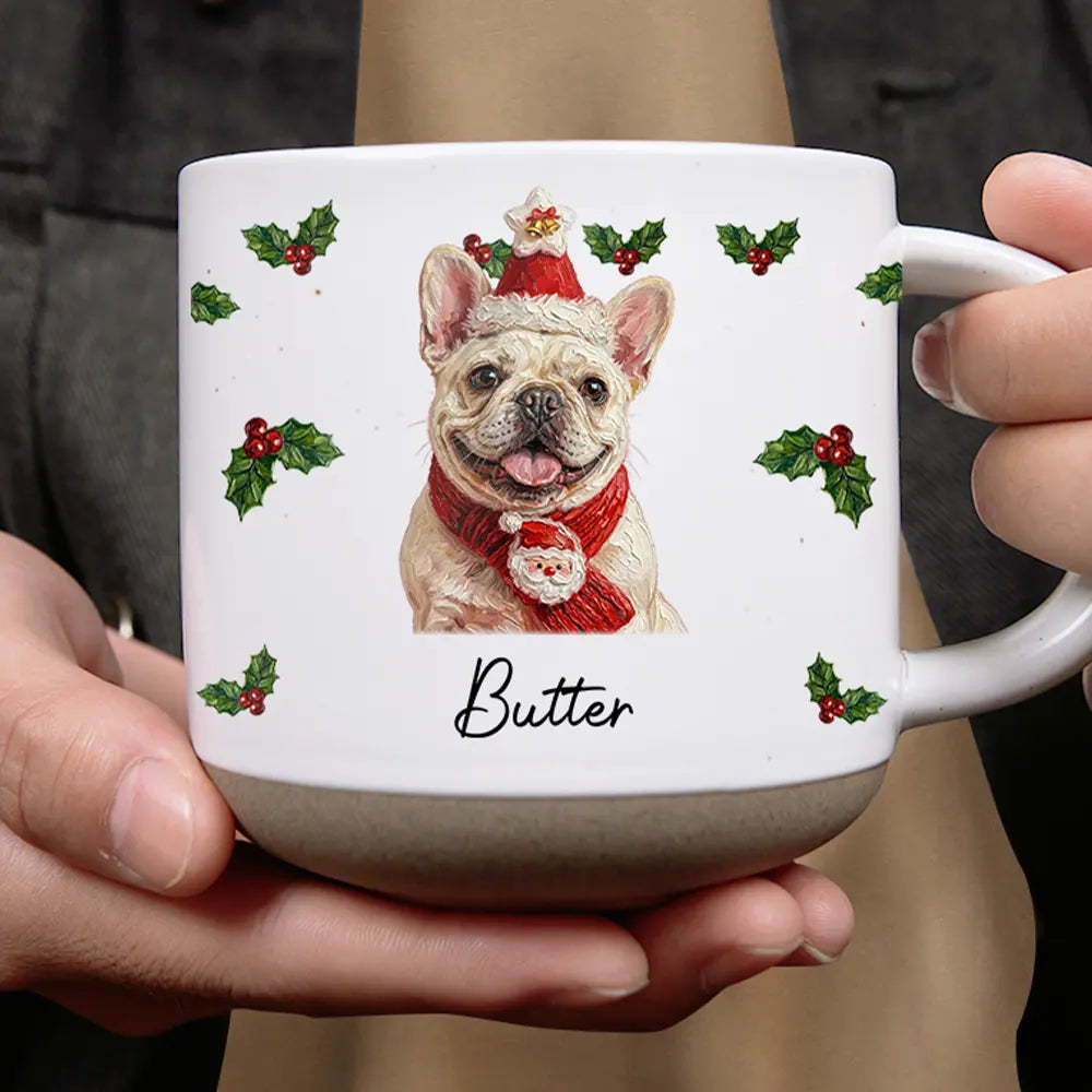 Art Design, Christmas, Custom Photo, Dog Lovers, Pet Lovers, Photo - Oil Painting, Playful - Christmas Gift For Dog Lovers - Personalized Custom Photo & Name Pet Dog Portrait With Holly Snowflake Poinsettia Pottery Mug