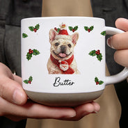 Art Design, Christmas, Custom Photo, Dog Lovers, Pet Lovers, Photo - Oil Painting, Playful - Christmas Gift For Dog Lovers - Personalized Custom Photo & Name Pet Dog Portrait With Holly Snowflake Poinsettia Pottery Mug