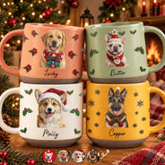 Art Design, Christmas, Custom Photo, Dog Lovers, Pet Lovers, Photo - Oil Painting, Playful - Christmas Gift For Dog Lovers - Personalized Custom Photo & Name Pet Dog Portrait With Holly Snowflake Poinsettia Pottery Mug