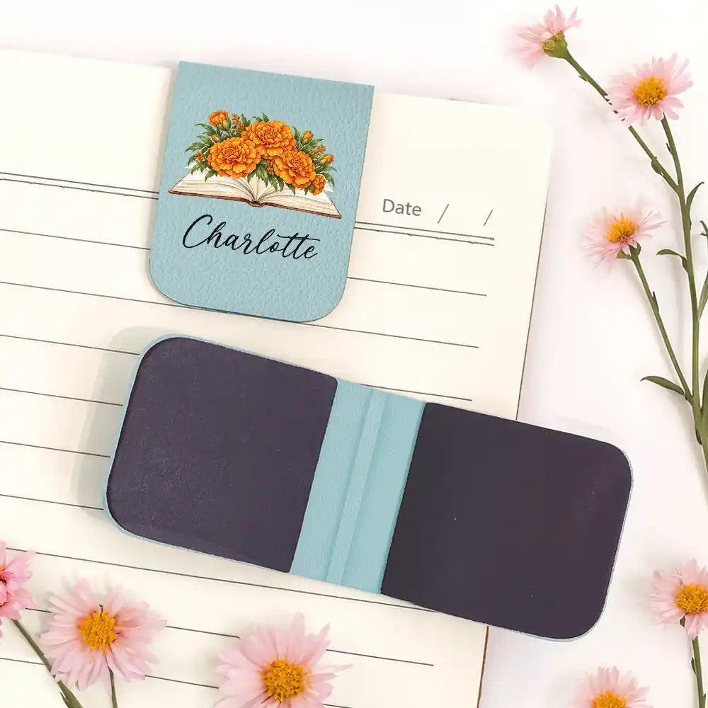 Christmas,Confident,Gift For Women,Gift For Yourself,Gifts For Her,Icon,Reading - Gifts For Book Lovers, Bookworms, Readers - Personalized Watercolor Birth Flower With Name Leather Magnetic Bookmark