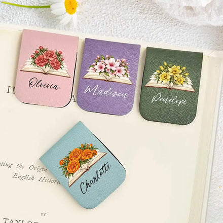 Gifts For Book Lovers, Bookworms, Readers - Personalized Watercolor Birth Flower With Name Leather Magnetic Bookmark