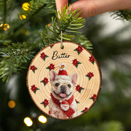 Art Design,Christmas,Custom Photo,Dog Lovers,Pet Lovers,Photo - Oil Painting,Playful - Christmas Gift For Dog Lovers - Personalized Custom Photo & Name Pet Dog Portrait With Holly Snowflake Poinsettia Wood Slice Ornament