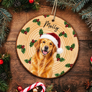 Art Design,Christmas,Custom Photo,Dog Lovers,Pet Lovers,Photo - Oil Painting,Playful - Christmas Gift For Dog Lovers - Personalized Custom Photo & Name Pet Dog Portrait With Holly Snowflake Poinsettia Wood Slice Ornament