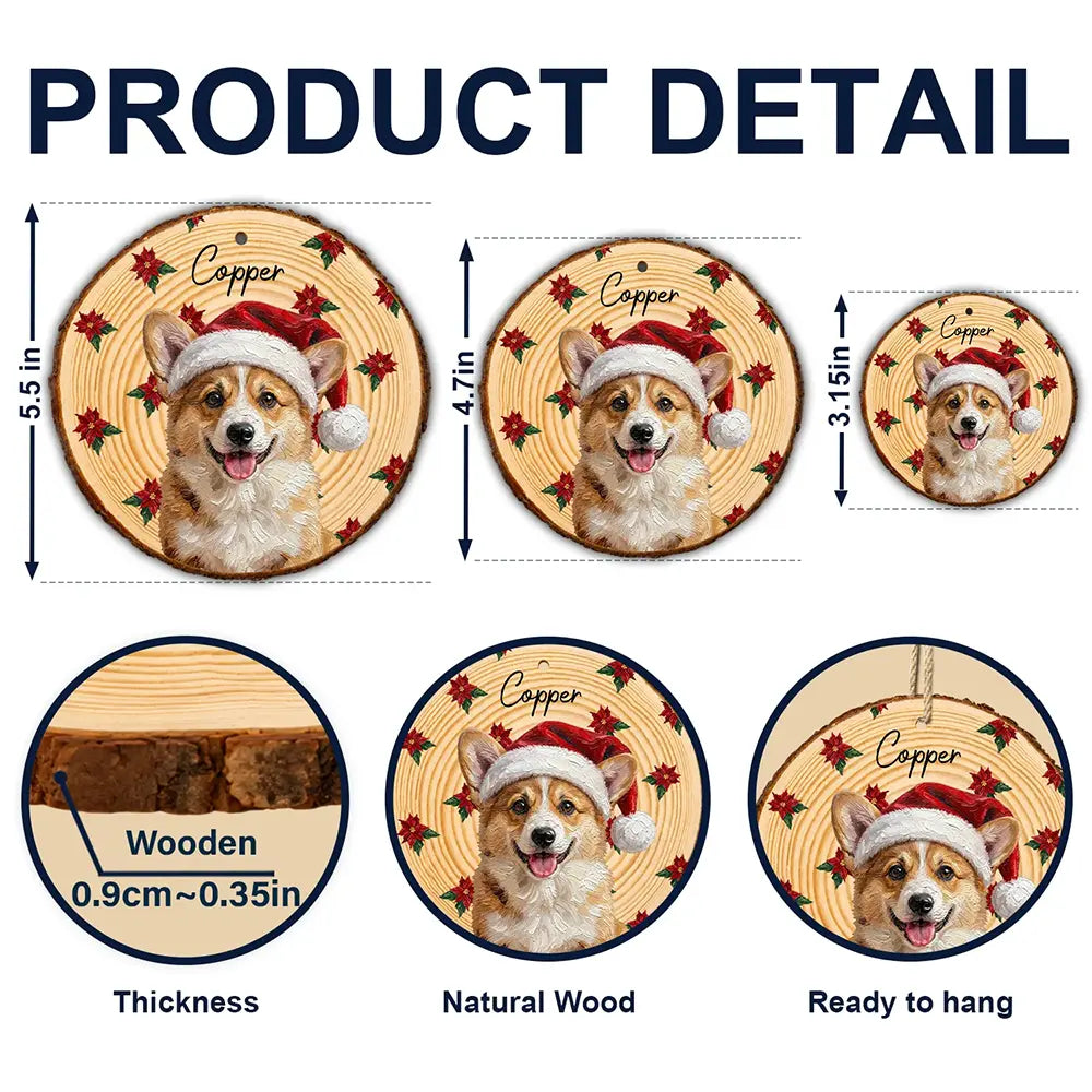 Art Design,Christmas,Custom Photo,Dog Lovers,Pet Lovers,Photo - Oil Painting,Playful - Christmas Gift For Dog Lovers - Personalized Custom Photo & Name Pet Dog Portrait With Holly Snowflake Poinsettia Wood Slice Ornament