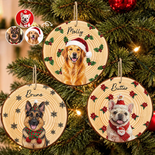 Art Design,Christmas,Custom Photo,Dog Lovers,Pet Lovers,Photo - Oil Painting,Playful - Christmas Gift For Dog Lovers - Personalized Custom Photo & Name Pet Dog Portrait With Holly Snowflake Poinsettia Wood Slice Ornament