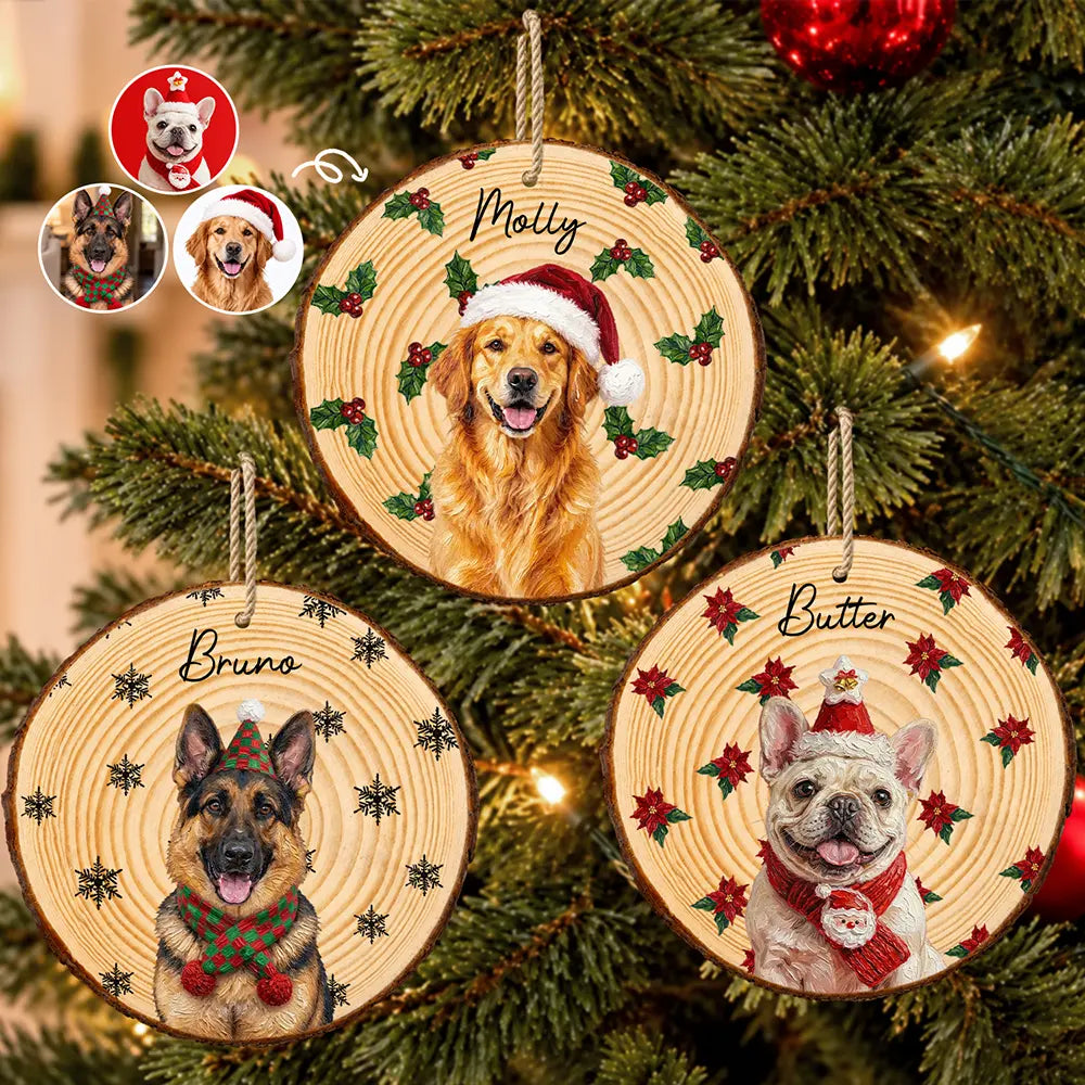 Christmas Gift For Dog Lovers - Personalized Custom Photo & Name Pet Dog Portrait With Holly Snowflake Poinsettia Wood Slice Ornament