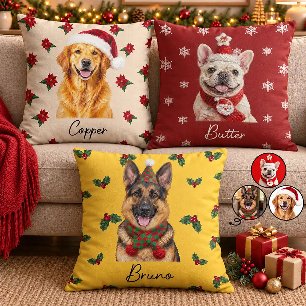 Art Design,Christmas,Custom Photo,Dog Lovers,Pet Lovers,Photo - Oil Painting,Playful - Christmas Gift For Dog Lovers - Personalized Custom Photo & Name Pet Dog Portrait With Holly Snowflake Poinsettia Pillow