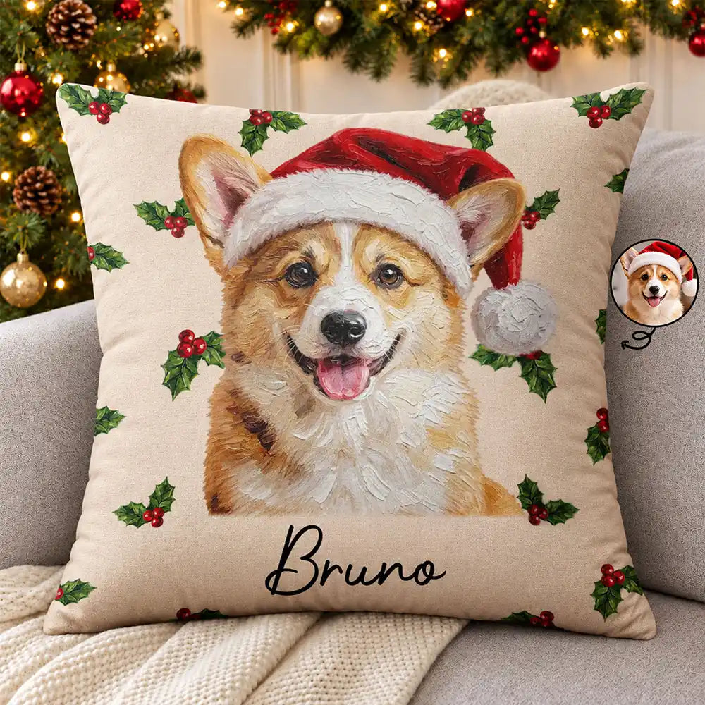 Art Design,Christmas,Custom Photo,Dog Lovers,Pet Lovers,Photo - Oil Painting,Playful - Christmas Gift For Dog Lovers - Personalized Custom Photo & Name Pet Dog Portrait With Holly Snowflake Poinsettia Pillow