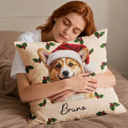 Art Design,Christmas,Custom Photo,Dog Lovers,Pet Lovers,Photo - Oil Painting,Playful - Christmas Gift For Dog Lovers - Personalized Custom Photo & Name Pet Dog Portrait With Holly Snowflake Poinsettia Pillow