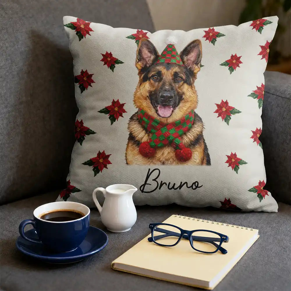 Art Design,Christmas,Custom Photo,Dog Lovers,Pet Lovers,Photo - Oil Painting,Playful - Christmas Gift For Dog Lovers - Personalized Custom Photo & Name Pet Dog Portrait With Holly Snowflake Poinsettia Pillow