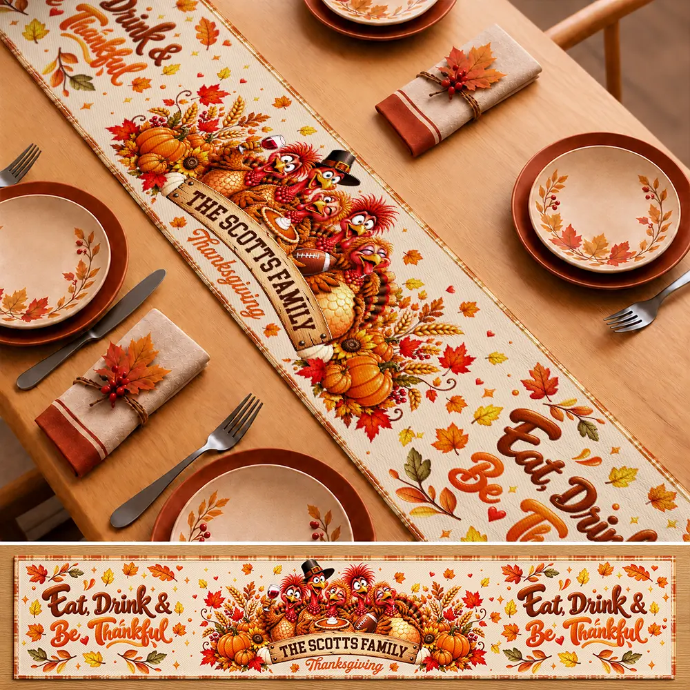 Custom Text,Family,Sentimental,Thanksgiving - Thanksgiving Gift For Family Gathering - Personalized Family Name Thankful For You Turkey Gang Table Runner