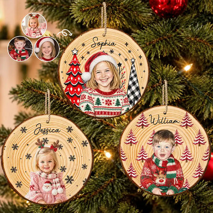 Christmas Gift For Kids Family - Personalized Custom Photo & Name Kid Portrait With Pine Tree Snowflake Wood Slice Ornament