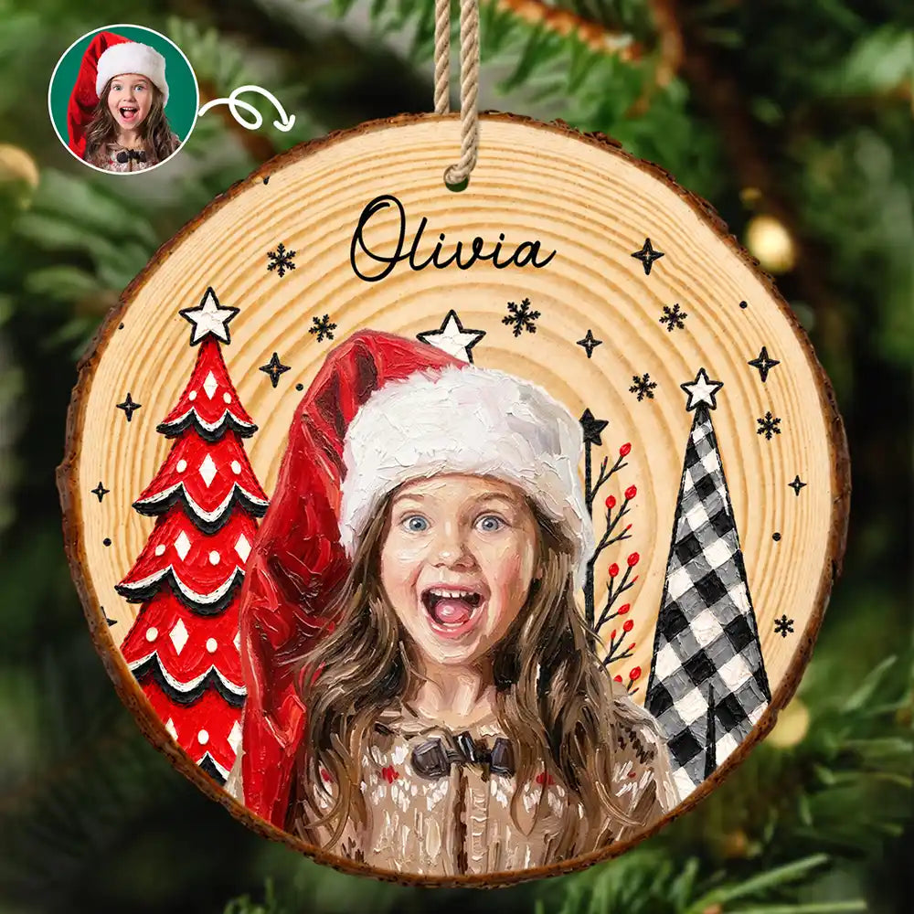 Art Design,Christmas,Custom Photo,Gift For Kids,Photo - Oil Painting,Playful- Christmas Gift For Kids Family - Personalized Custom Photo & Name Kid Portrait With Pine Tree Snowflake Wood Slice Ornament