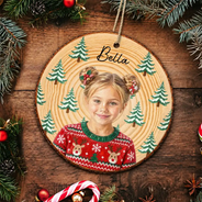 Art Design,Christmas,Custom Photo,Gift For Kids,Photo - Oil Painting,Playful- Christmas Gift For Kids Family - Personalized Custom Photo & Name Kid Portrait With Pine Tree Snowflake Wood Slice Ornament