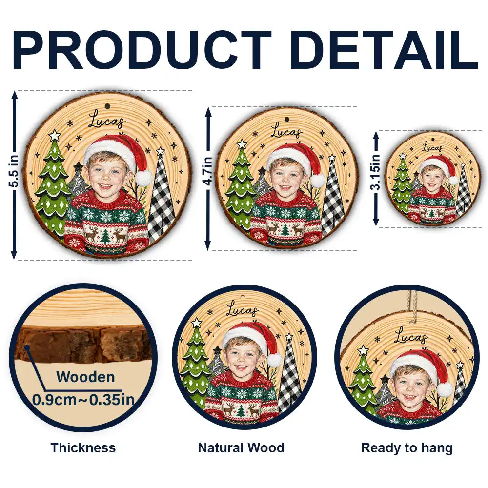 Art Design,Christmas,Custom Photo,Gift For Kids,Photo - Oil Painting,Playful- Christmas Gift For Kids Family - Personalized Custom Photo & Name Kid Portrait With Pine Tree Snowflake Wood Slice Ornament
