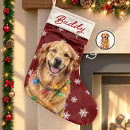 Art Design, Christmas, Custom Photo, Dog Lovers, Pet Lovers, Photo - Oil Painting, Playful - Christmas Gift For Dog Lovers - Personalized Custom Photo & Name Pet Dog Portrait With Holly Snowflake Poinsettia Christmas Stocking
