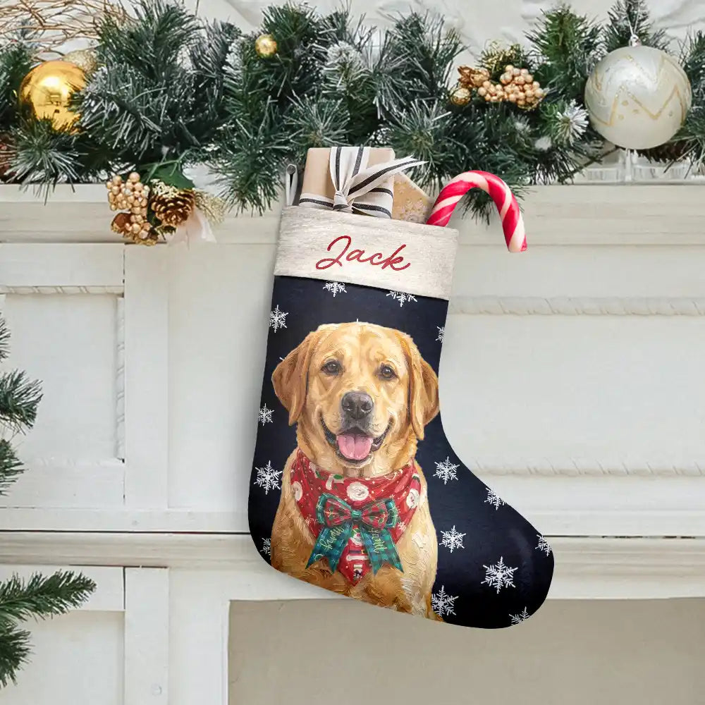 Art Design, Christmas, Custom Photo, Dog Lovers, Pet Lovers, Photo - Oil Painting, Playful - Christmas Gift For Dog Lovers - Personalized Custom Photo & Name Pet Dog Portrait With Holly Snowflake Poinsettia Christmas Stocking