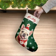 Art Design, Christmas, Custom Photo, Dog Lovers, Pet Lovers, Photo - Oil Painting, Playful - Christmas Gift For Dog Lovers - Personalized Custom Photo & Name Pet Dog Portrait With Holly Snowflake Poinsettia Christmas Stocking