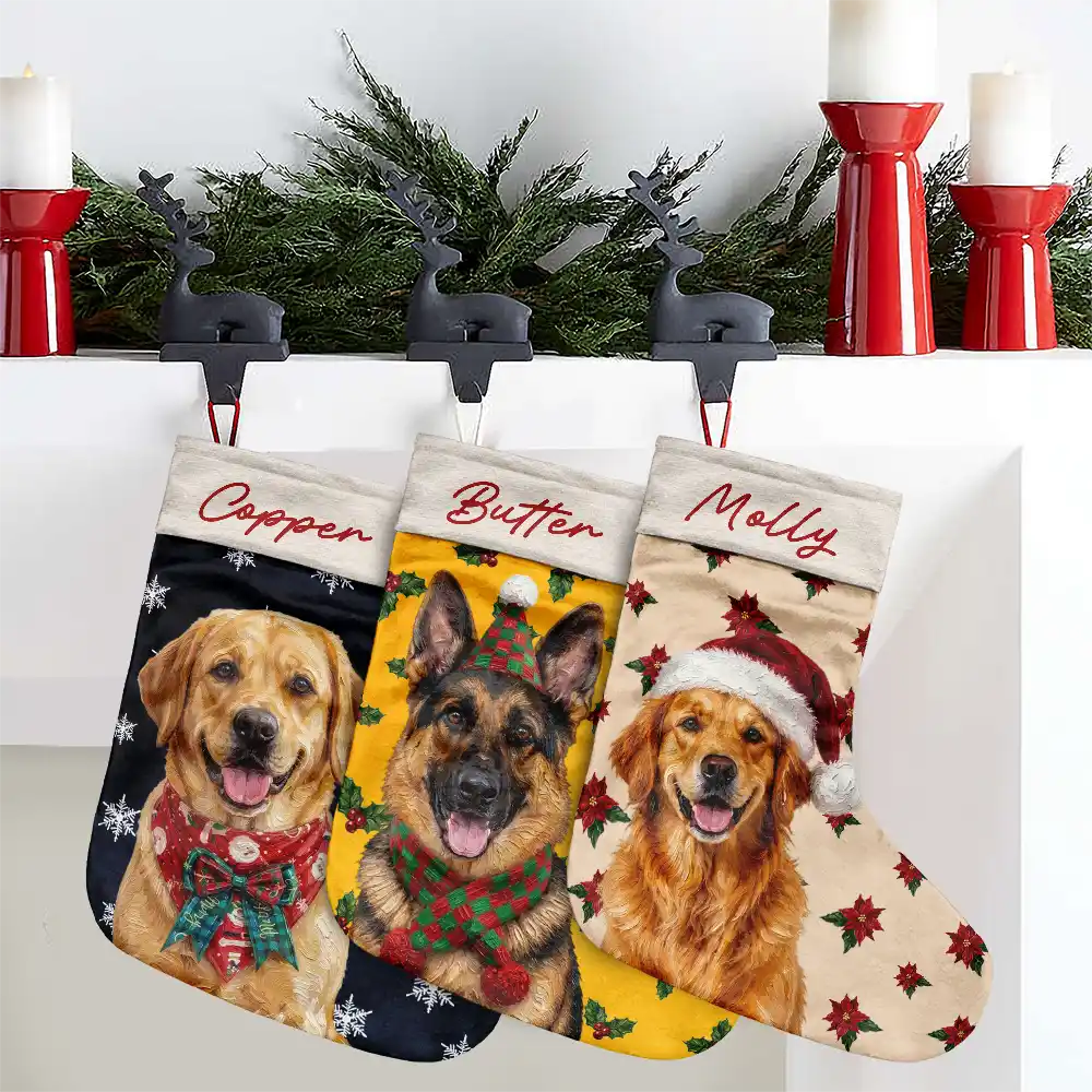 Art Design, Christmas, Custom Photo, Dog Lovers, Pet Lovers, Photo - Oil Painting, Playful - Christmas Gift For Dog Lovers - Personalized Custom Photo & Name Pet Dog Portrait With Holly Snowflake Poinsettia Christmas Stocking