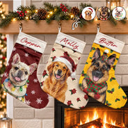 Art Design, Christmas, Custom Photo, Dog Lovers, Pet Lovers, Photo - Oil Painting, Playful - Christmas Gift For Dog Lovers - Personalized Custom Photo & Name Pet Dog Portrait With Holly Snowflake Poinsettia Christmas Stocking