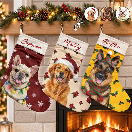 Christmas Gift For Dog Lovers - Personalized Custom Photo & Name Pet Dog Portrait With Holly Snowflake Poinsettia Christmas Stocking