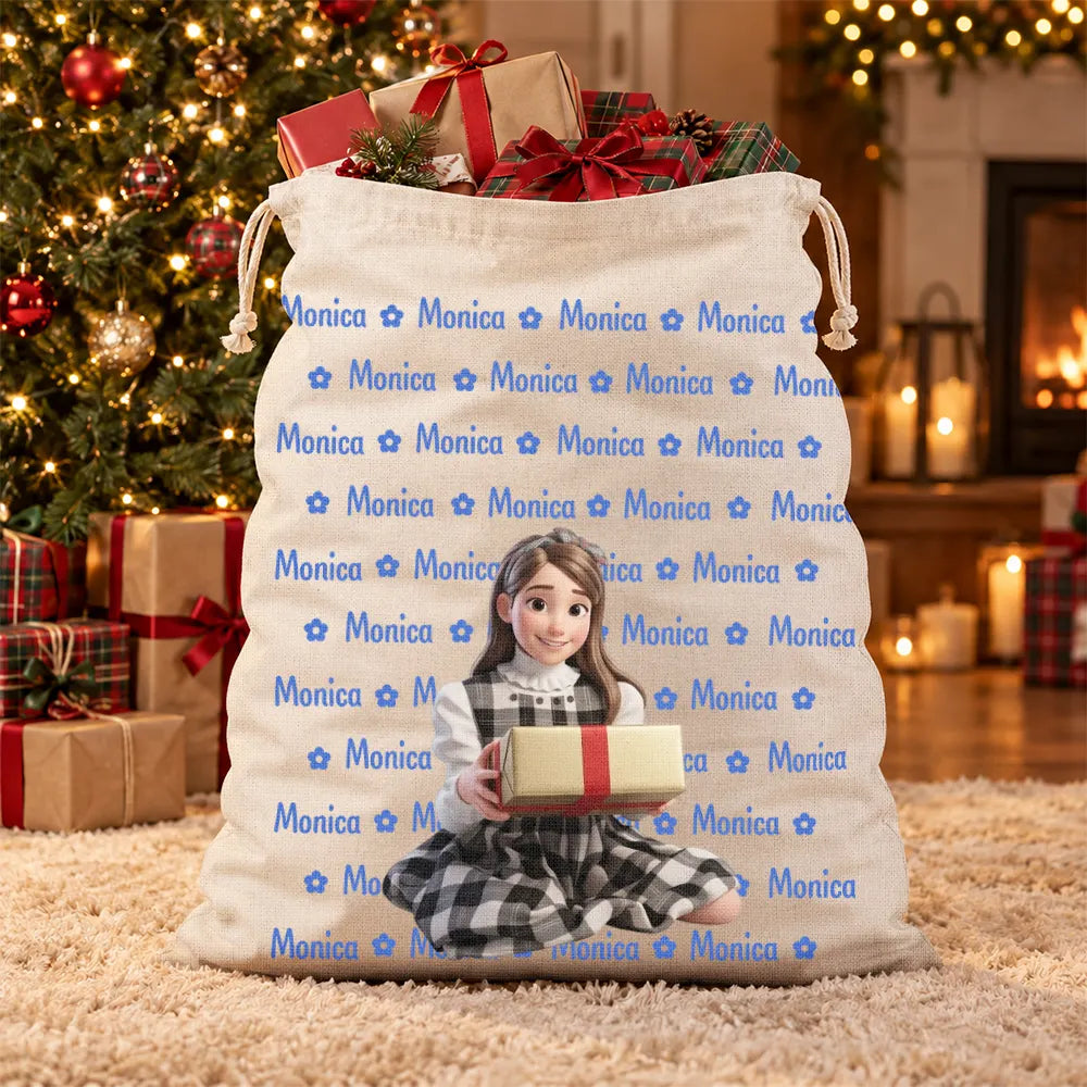 Art Design,Christmas,Custom Photo,Gift For Kids,Photo - Cartoon Portrait,Playful - Christmas Gift For Kids - Personalized Custom Photo Adorable Kid With Name Heart Star Pattern Favor Bag