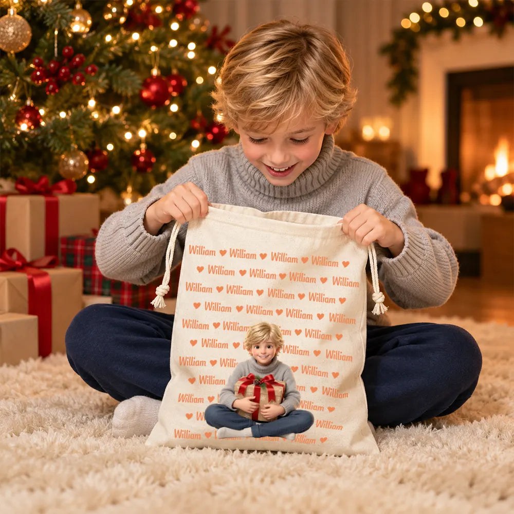 Art Design,Christmas,Custom Photo,Gift For Kids,Photo - Cartoon Portrait,Playful - Christmas Gift For Kids - Personalized Custom Photo Adorable Kid With Name Heart Star Pattern Favor Bag