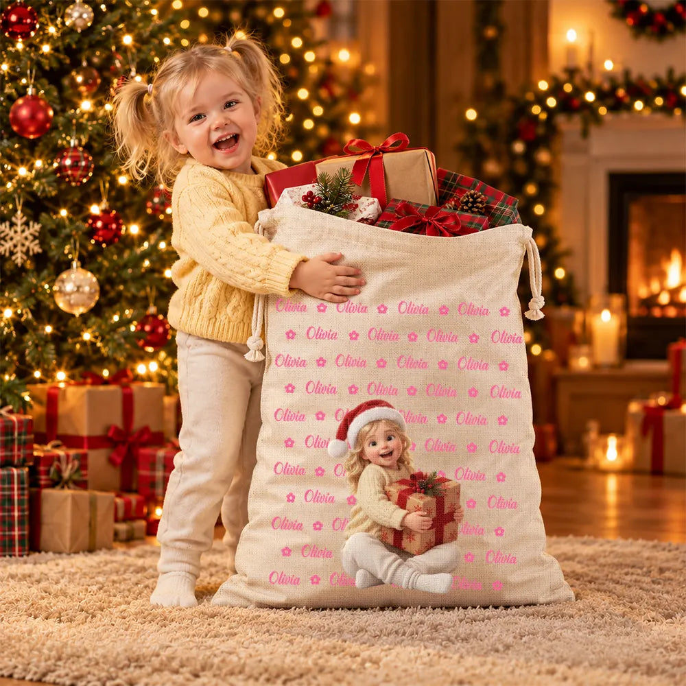 Art Design,Christmas,Custom Photo,Gift For Kids,Photo - Cartoon Portrait,Playful - Christmas Gift For Kids - Personalized Custom Photo Adorable Kid With Name Heart Star Pattern Favor Bag