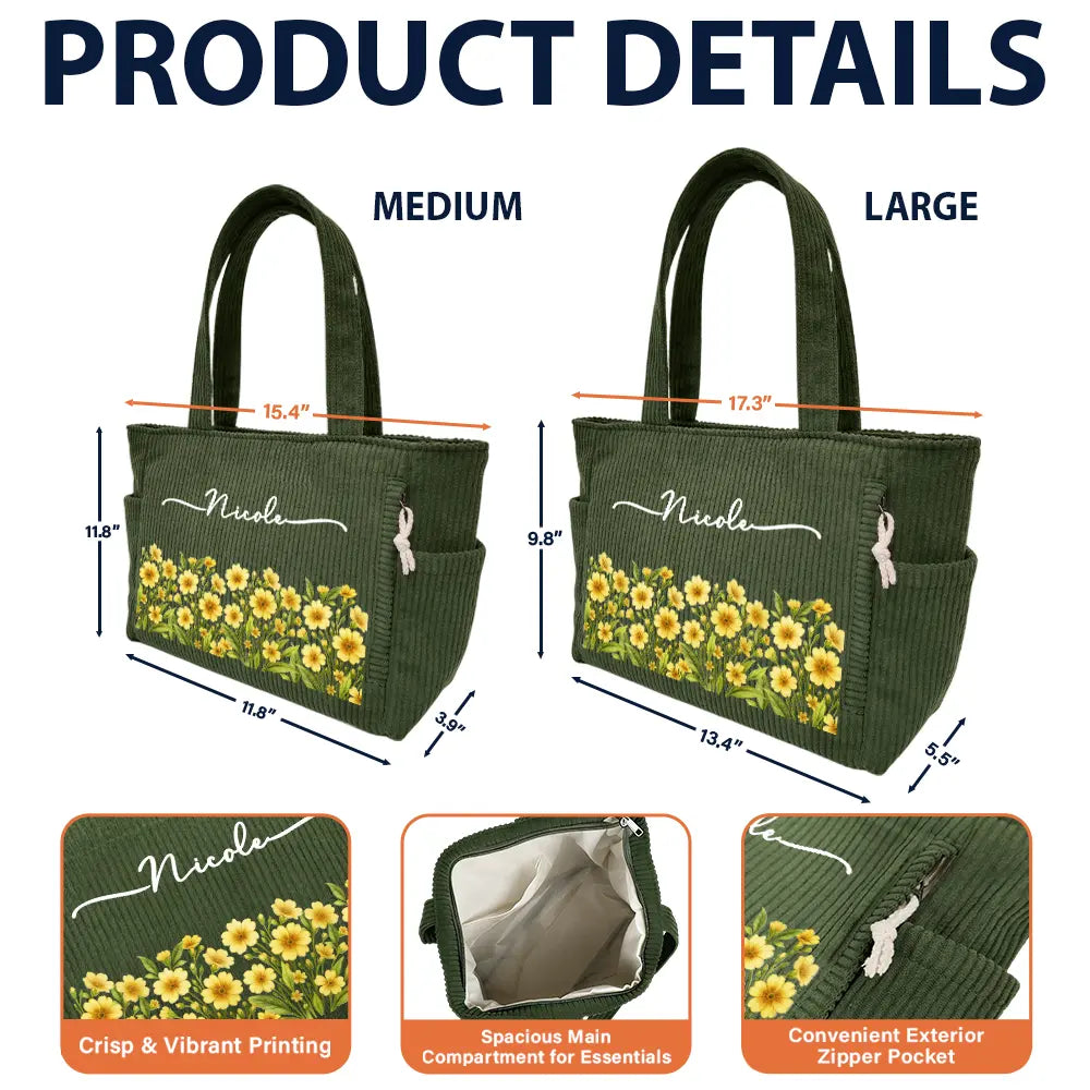 Happy,Gift For Wife,Gift For Girlfriend,Gift For Yourself,Gift For Women,Gift For Aunt,Gift For Mother,Gift For Grandma,Gift For Daughter,Gift For Sisters,Gift For Bestie - Blooms With Love - Personalized Corduroy Tote Bag