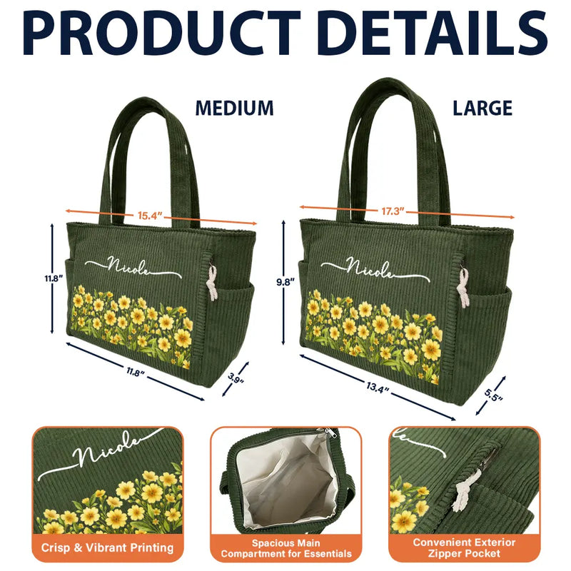 Happy,Gift For Wife,Gift For Girlfriend,Gift For Yourself,Gift For Women,Gift For Aunt,Gift For Mother,Gift For Grandma,Gift For Daughter,Gift For Sisters,Gift For Bestie - Blooms With Love - Personalized Corduroy Tote Bag