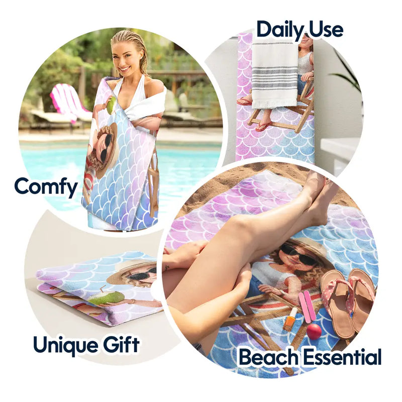 Custom Photo, Beach, Art Design, Summer, Gift For Yourself, Playful, Photo - Beach Chair 3D Effect - Custom Photo 3D Summer Concept Traveling Beach Poolside Swimming Picnic Vacation - Personalized Beach Towel