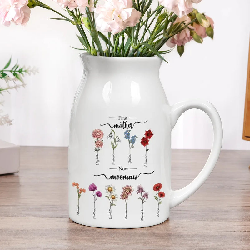 Gift For Grandma, Gift For Mother - First Mom Now Grandma Birth Flowers - Personalized Ceramic Flower Vase