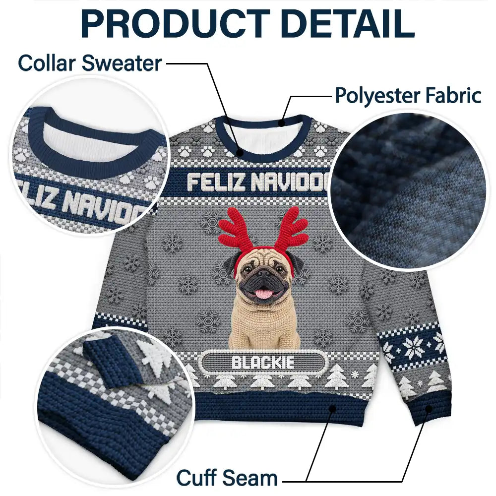 Art Design, Christmas, Custom Photo, Pet Lovers, Photo - Crochet Pet, Playful - Christmas Gift For Pet Lovers - Personalized Custom Photo Crochet Pet Feliz Navidog Unisex Ugly Sweater