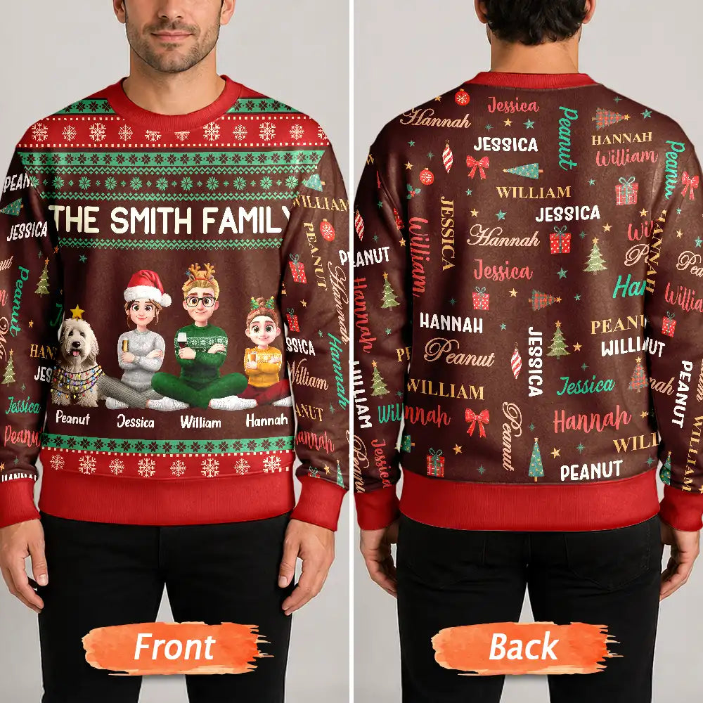 Christmas, Family, Happy, Vector - Matching Christmas Gift For Family - Personalized Member Names Holiday Unisex Ugly Sweater