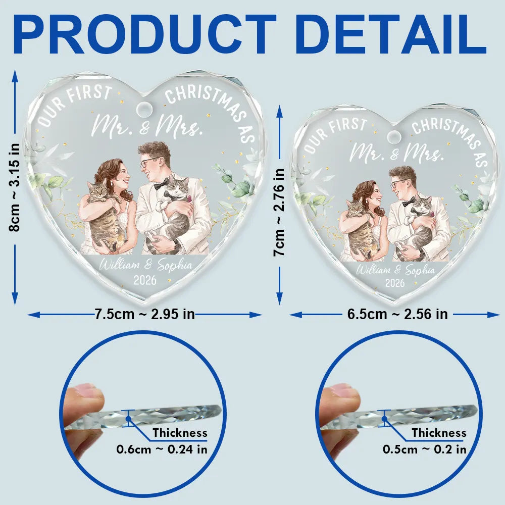 First Christmas,Art Design,Christmas,Married Couple,Romantic,Gift For Couples,Photo - Watercolor - Remove BG - Custom Photo Realistic Watercolor Art Our First Christmas As Mr & Mrs Wedding Couple Pet - Personalized Heart Shaped Glass Ornament