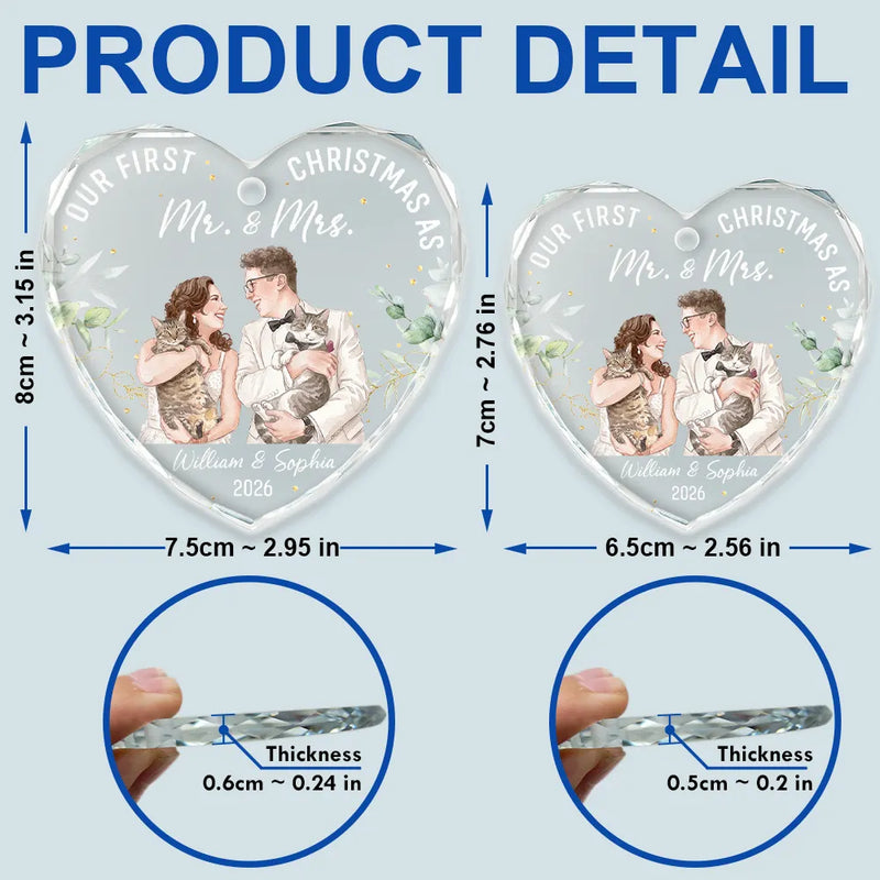 First Christmas,Art Design,Christmas,Married Couple,Romantic,Gift For Couples,Photo - Watercolor - Remove BG - Custom Photo Realistic Watercolor Art Our First Christmas As Mr & Mrs Wedding Couple Pet - Personalized Heart Shaped Glass Ornament