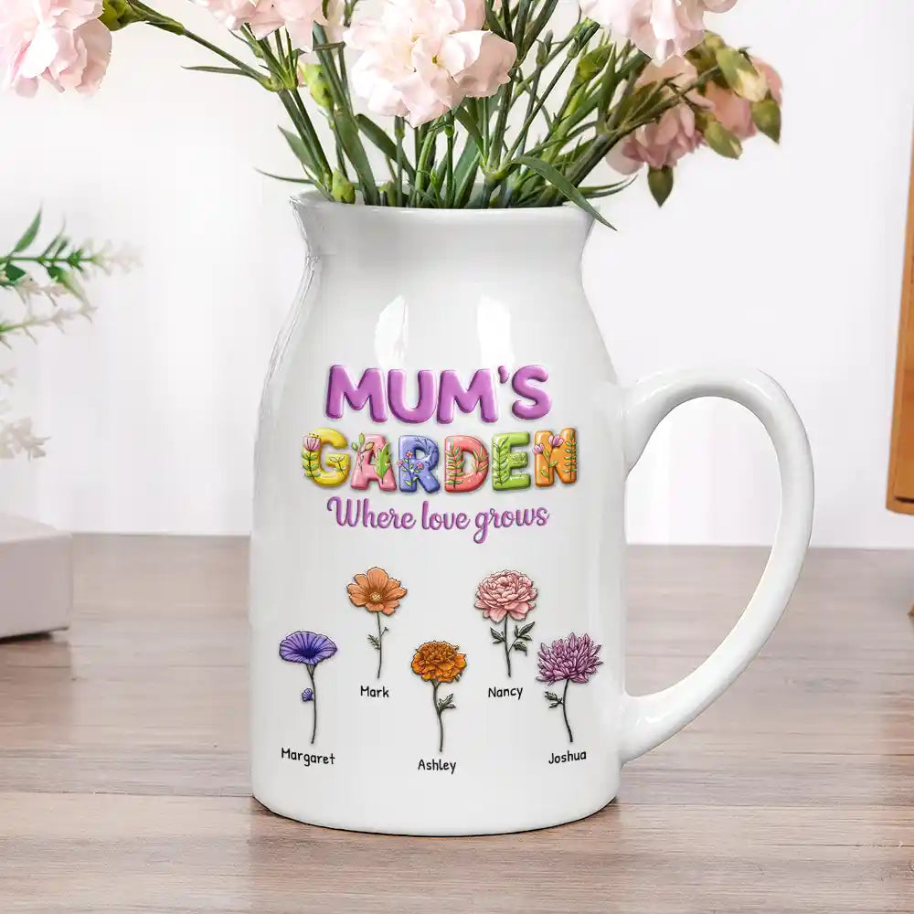 Gift For Grandma,Love,Happy - Grandma Garden Where Love Grow 3D Effect Birth Flower - Personalized Ceramic Flower Vase