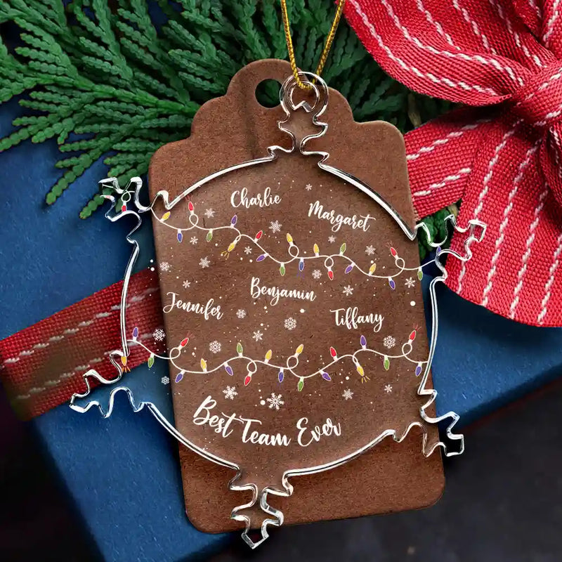 Family, Christmas, Funny - Christmas Family Together With Names And Led Lights - Personalized Snowflakes Shaped Glass Ornament