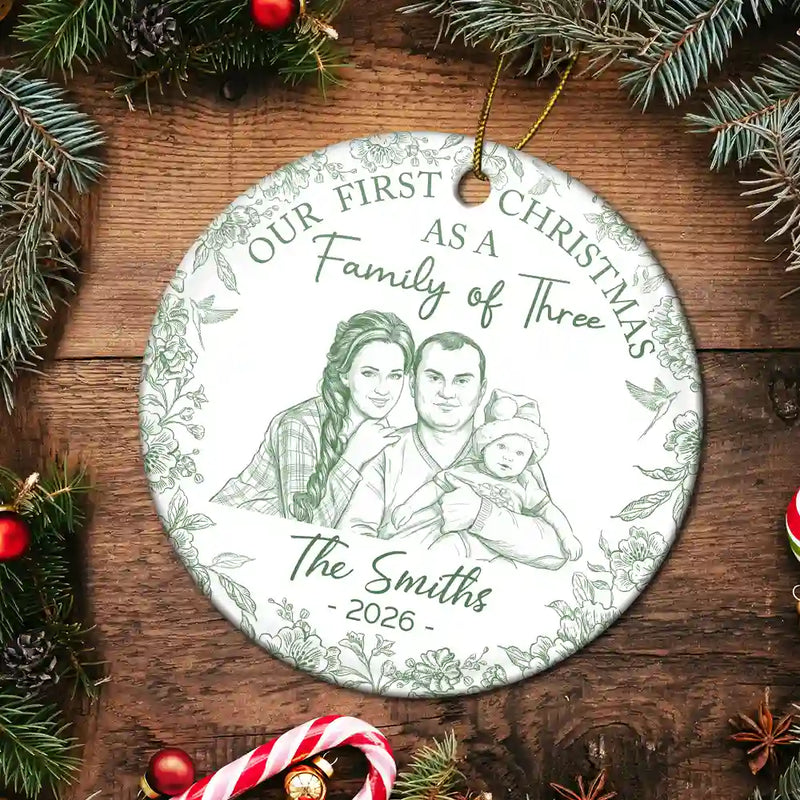 Parents,New Baby,Art Design,Christmas,Photo - Pencil Sketch - Remove BG,Happy - Custom Photo Pencil Sketch First Christmas As A Family Of Four Toile - Personalized Circle Ceramic Ornament