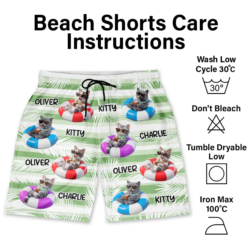 Custom Photo, Art Design, Summer, Pet Lovers, Playful, Photo - Swimming Float 3D Effect - Custom Photo 3D Summer Concept Poolside Beach Vacation Dog Cat - Personalized Unisex Beach Shorts