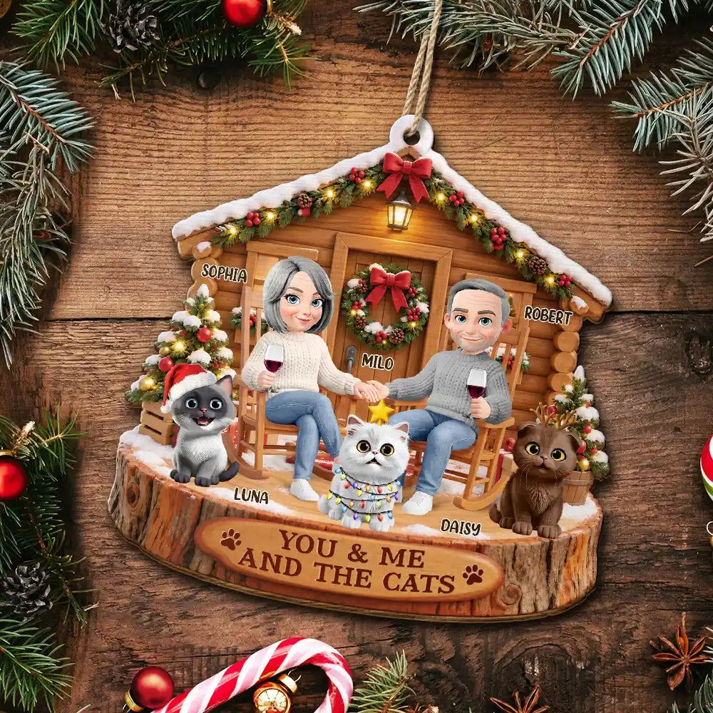 Christmas, Gift For Couples, Pet Couple, Pet Lovers, Romantic, Vector - Christmas Gift For Pet Couples - Personalized You & Me And The Cat Wooden Ornament