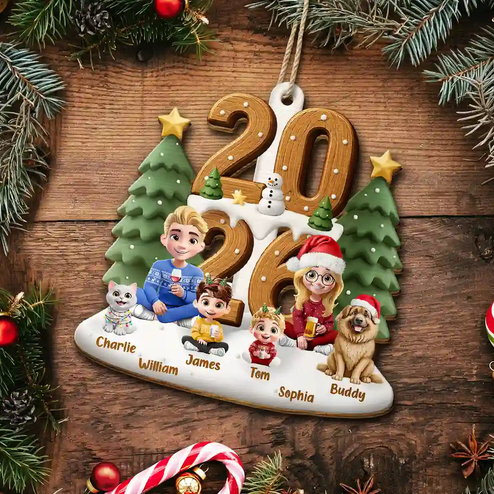 3D Effect Christmas Sitting Family - Personalized Custom Shaped Wooden Ornament