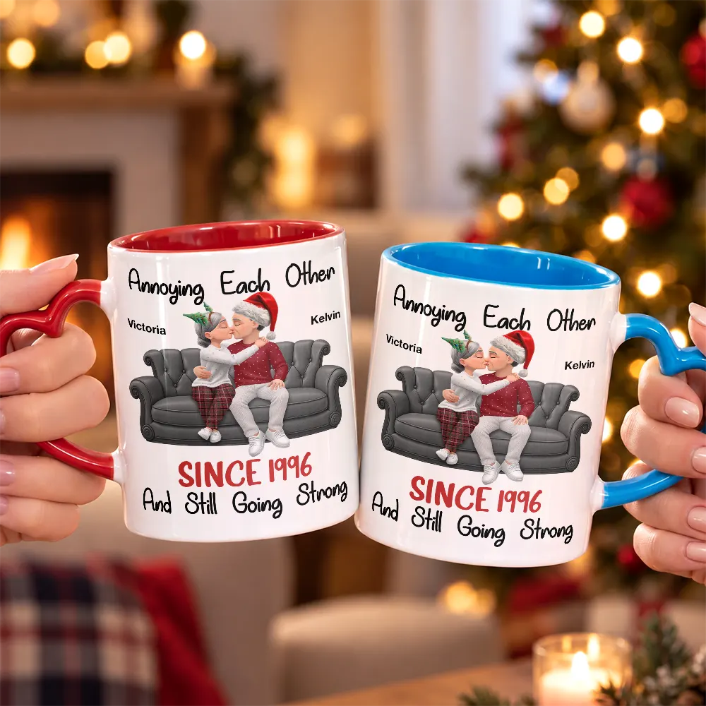 Christmas,Gift For Couples,Old Couples,Romantic,Vector - Anniversary Gift For Couples - Personalized Annoying Each Other Heart Handle Accent Mug