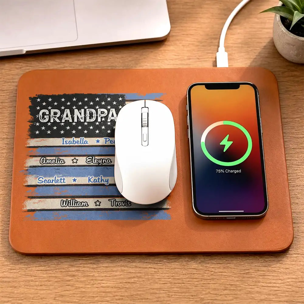Gift For Father,Gift For Grandpa,Independence Day,Custom Text,Confident - Stars & Stripes US Flag American Dad Grandpa - Personalized Leather Charging Mat