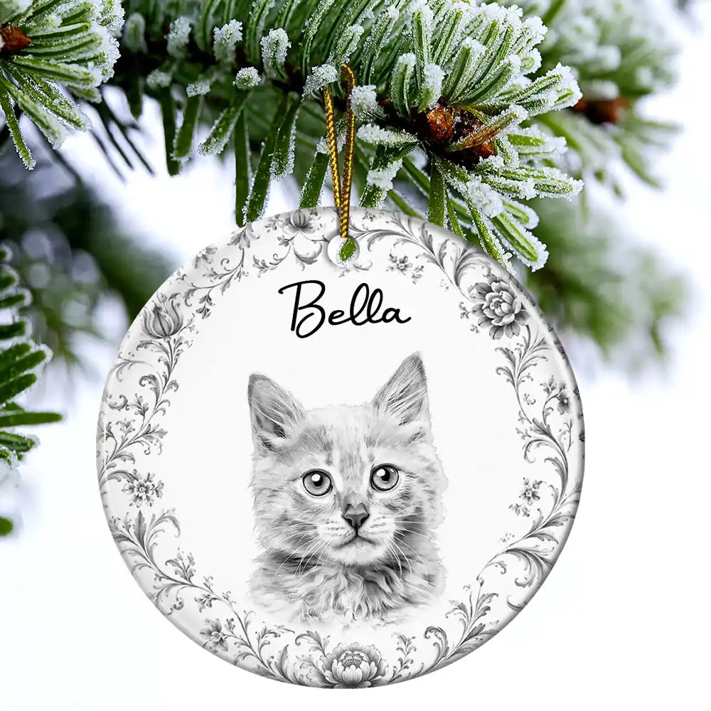 Art Design, Christmas, Cozy, Pet Lovers, Photo - Porcelain Art Style - Custom Photo Single-Color Watercolor Loving Dog Cat Pet Portrait - Personalized Circle Ceramic Ornament