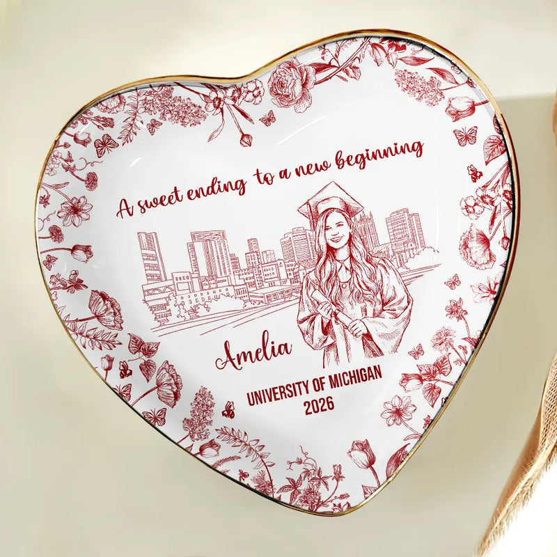 Graduation,Gift For Yourself,Gift For Women,Happy - Custom Photo Pencil Sketch Graduation A Sweet Ending To A New Beginning - Personalized Ring Dish