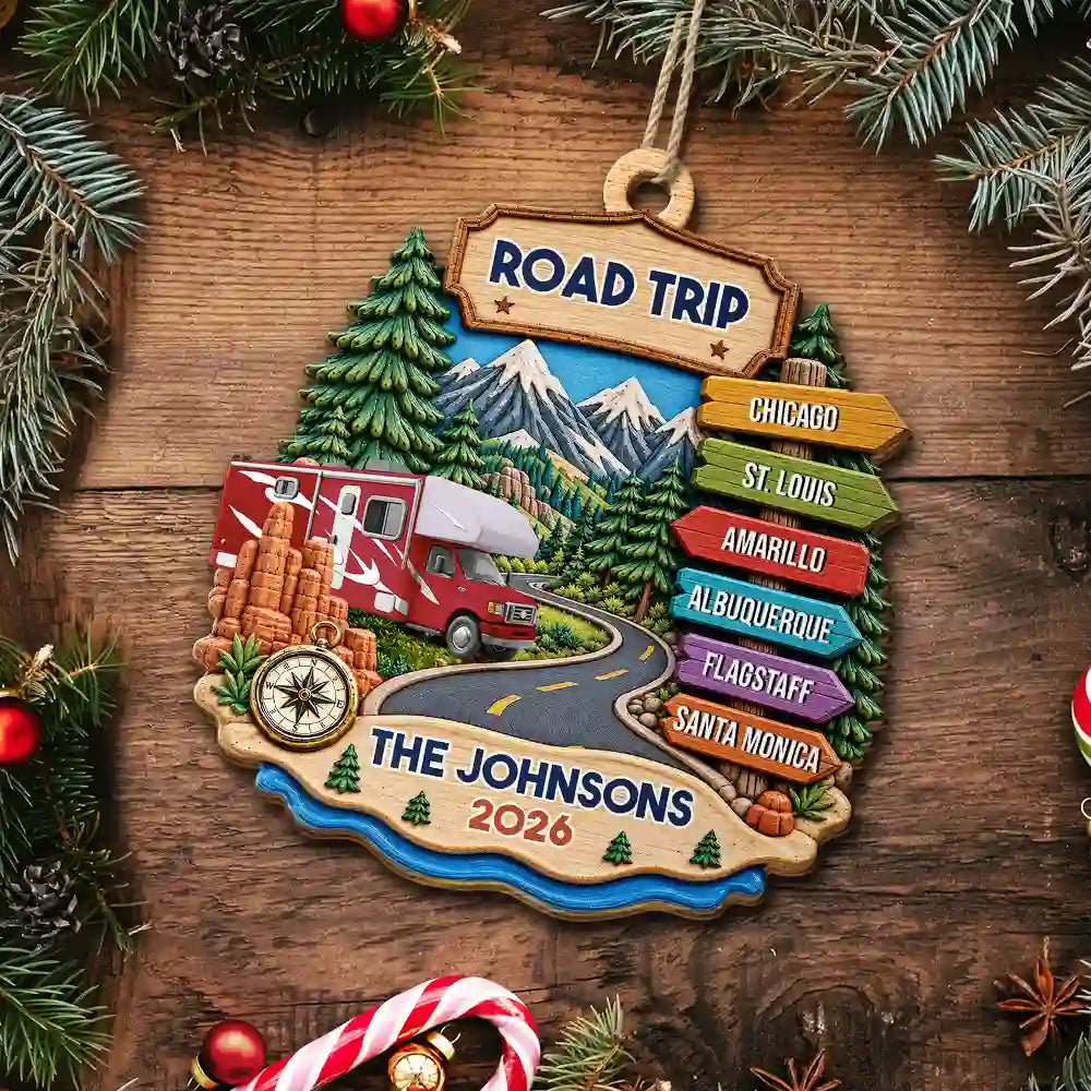 Christmas, Gift For Couples, Icon, Old Couples, Romantic, Travel - Road Trip Travel Gift For Couples, Family, Friends - Personalized Vacation Wooden Ornament