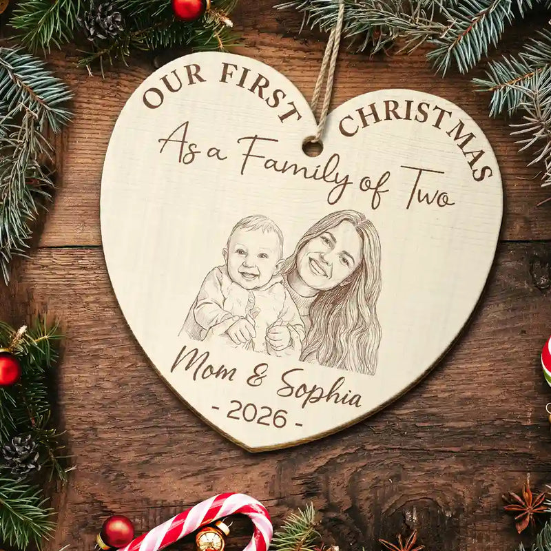 Parents,New Baby,Art Design,Christmas,Photo - Pencil Sketch - Remove BG,Happy - Custom Photo Pencil Sketch First Christmas As A Family Of Four - Personalized Custom Shaped Wooden Ornament