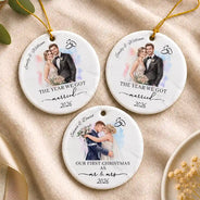 Art Design,Christmas,Married Couple,Romantic,Gift For Couples,Photo - Watercolor - Remove BG - Custom Photo Realistic Watercolor Art First Christmas Married Couple Newly Wed - Personalized Circle Ceramic Ornament