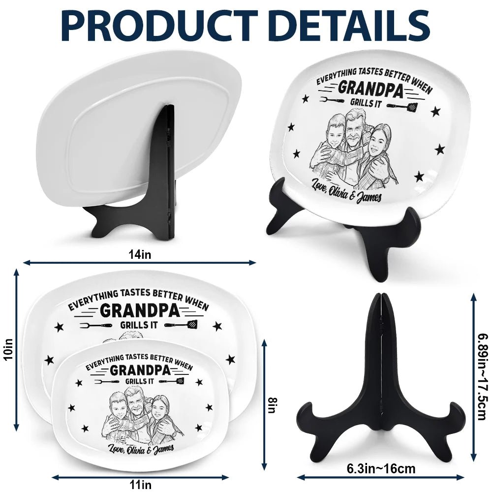 Gift For Father,Custom Photo,Grilling,Art Design,Proud,Photo - Pencil Sketch - Bold - Custom Photo Bold Sketch Everything Tastes Better When Grandpa Daddy Grills It - Personalized Plate